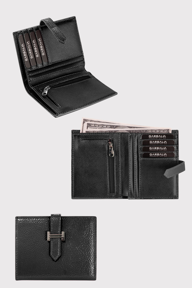 Helsinki Shiny Black Women's Card Holder Wallet with External Belt Closure and Coin Compartment