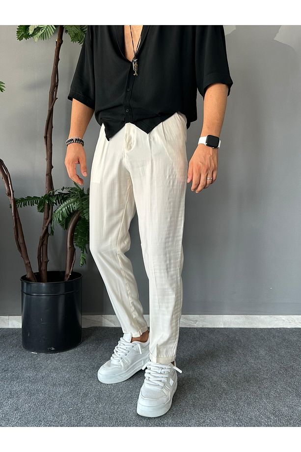 Basic Kumaş Krem Pantolon - 5