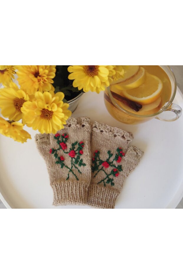 Floral Embroidered Fingerless Women's Gloves - Hand Knitted and Crocheted