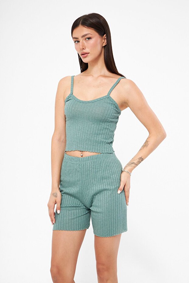 Water Green Women's Rope Strap Ribbed Shorts Set