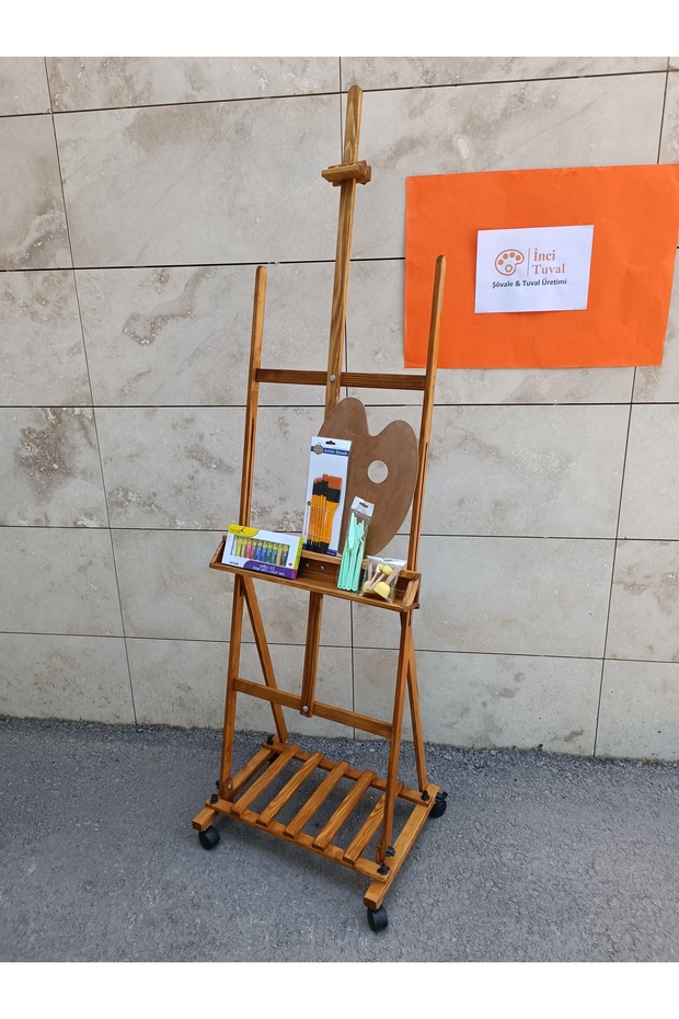 Tekerlekli Prof. Şövale Büyük Set Resim Palet Yağlı Boya Fırça Karma Seti Ahşap Kare Ayaklı H Tipi - 3