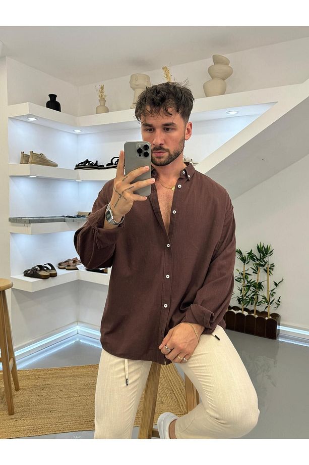 Kahve Oversize Krinkıl Keten Gömlek - 1