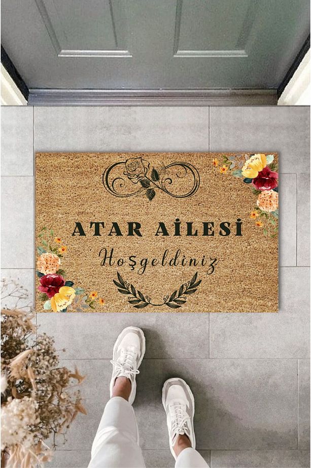 Dijital Baskı Modern Çiçekli - Kişiye Özel Tasarım Baş Harf Soyisim Temalı Kapı Önü Paspası - 1