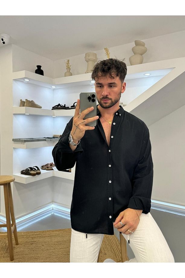 Siyah Oversize Krinkıl Keten Gömlek - 1