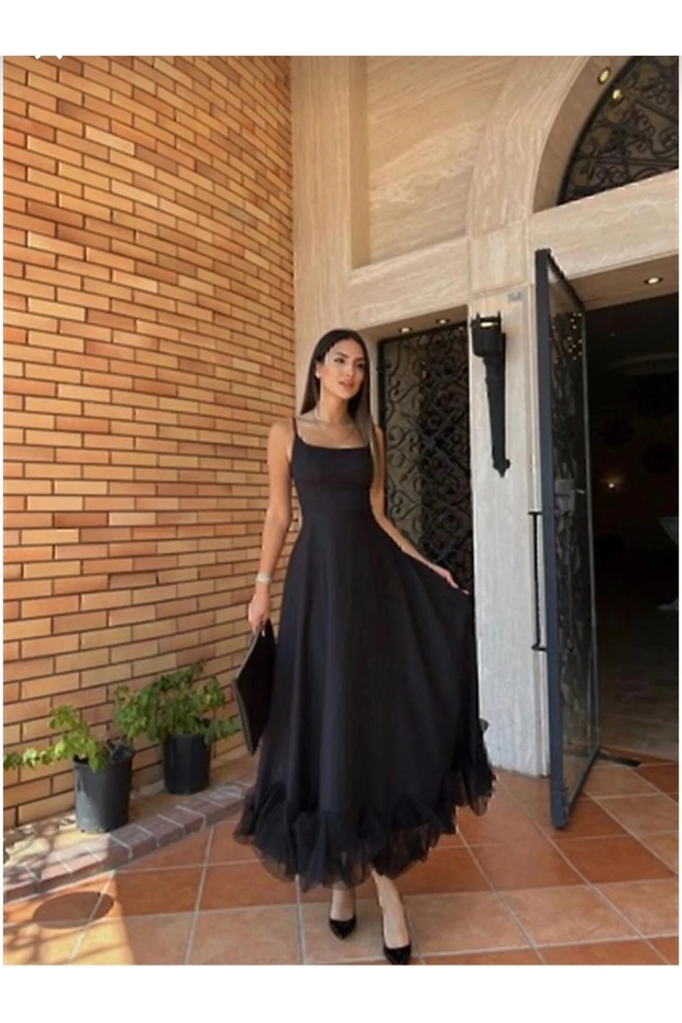Women's Tulle Detail Skirt Strappy Midi Evening Dress