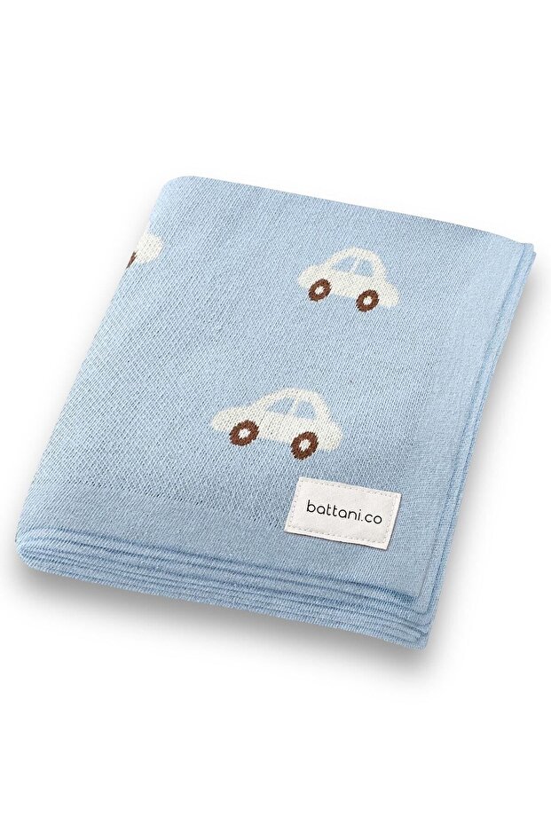 Patterned Knitted Baby Blanket for Girl and Boy 90cm X110Cm Car Dream Blue