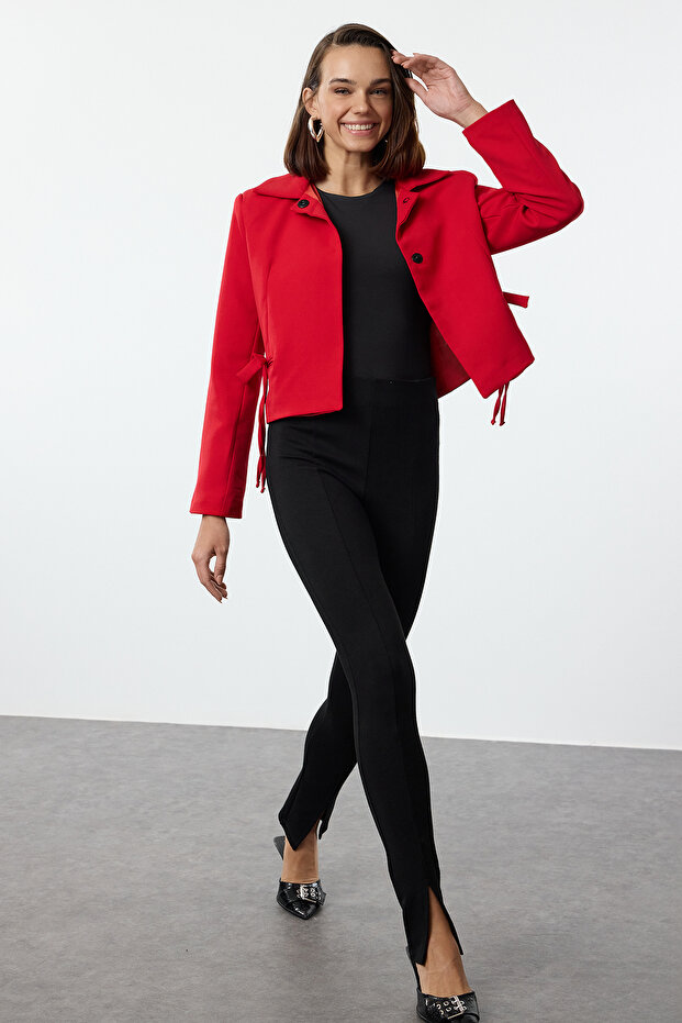 Kırmızı Fiyonk/Kurdele Detaylı Gömlek Yakalı Crop Dokuma Yılbaşı Blazer Ceket TWOAW25BC00018 - 5