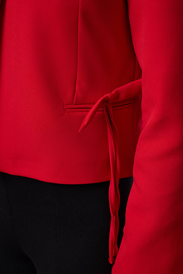 Kırmızı Fiyonk/Kurdele Detaylı Gömlek Yakalı Crop Dokuma Yılbaşı Blazer Ceket TWOAW25BC00018 - 3