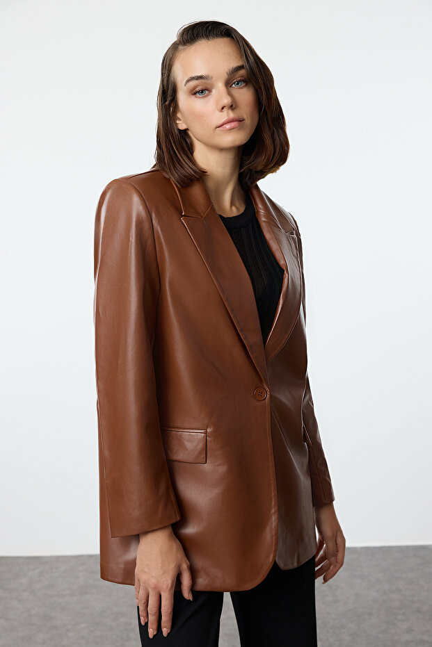Kahverengi Oversize Suni Deri Dokuma Blazer Ceket TWOSS23BC00049 - 4