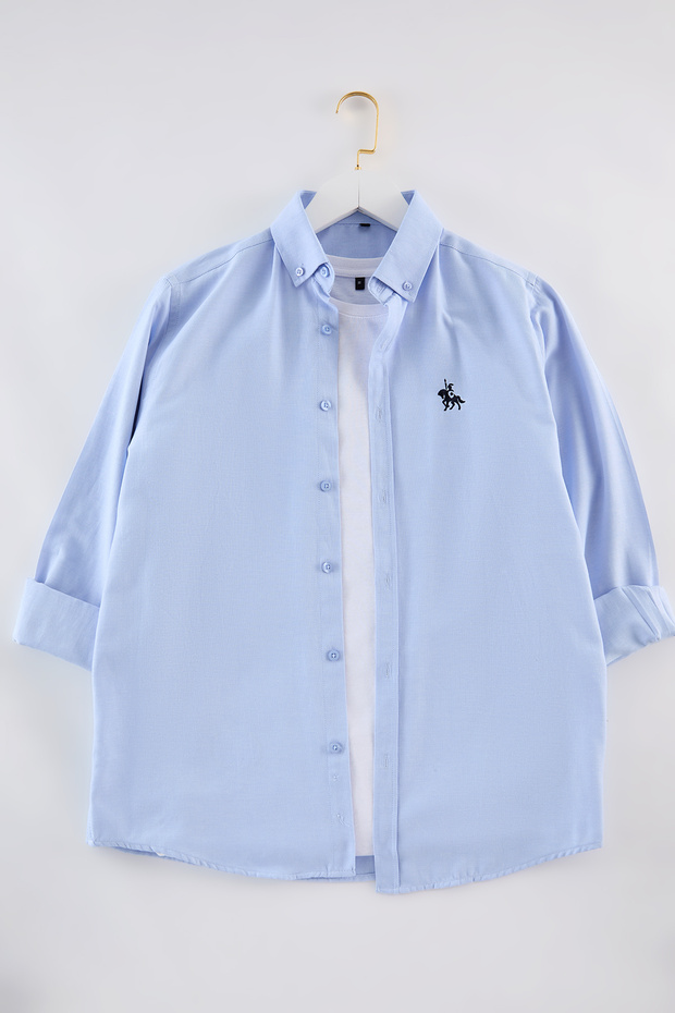 Blaues Oxford-Smart-Shirt mit regulärer Passform und Stickerei-Detail, leicht zu bügeln, TMNAW25GO00036 - 3