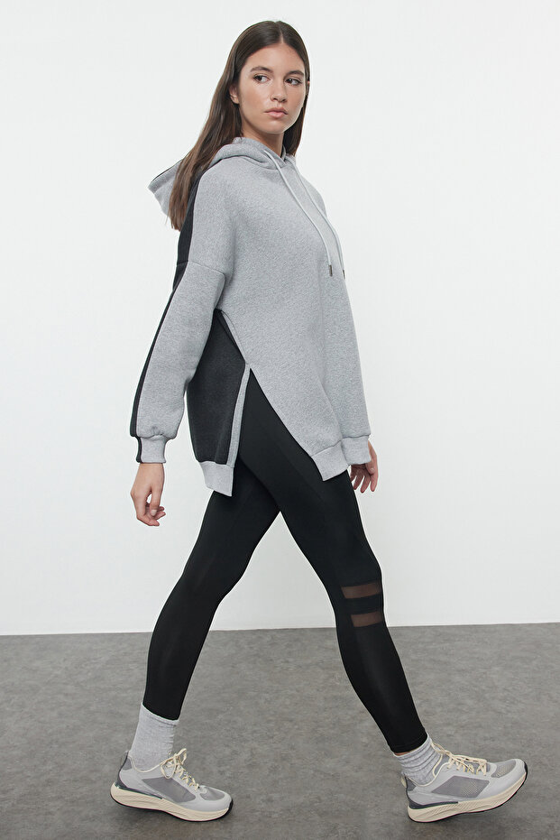 Antrasit Pamuklu Renk Bloklu Geniş Kalıp İçi Polarlı Örme Spor Sweatshirt TWOSS22SW0074 - 6