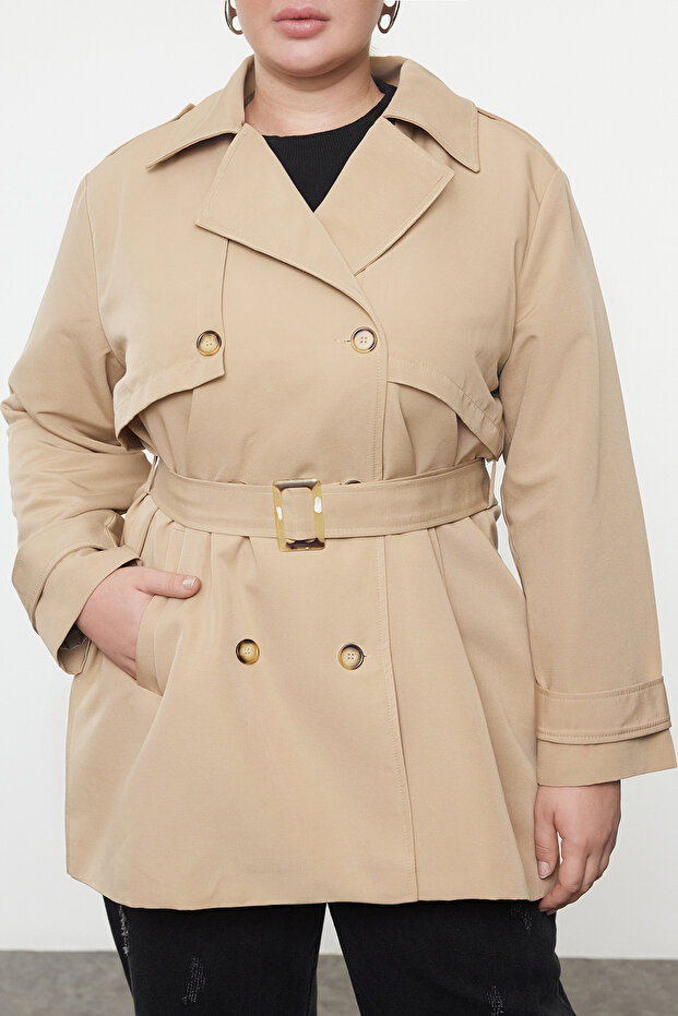 Bej Oversize Fit Beli Kemerli Teknik Kumaş Trençkot TBBAW25BM00004 - 3