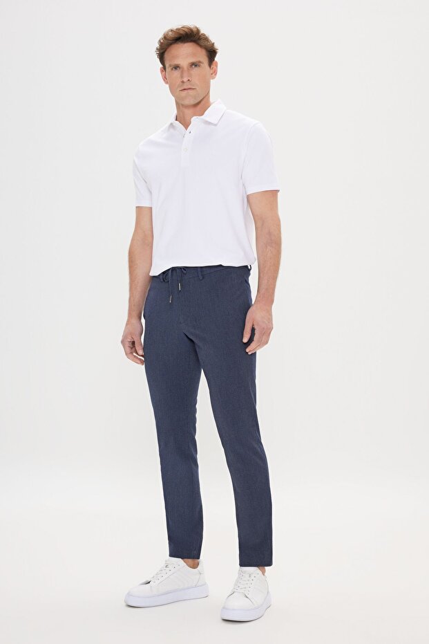Navy Blue Slim Fit Flexible Trousers - Side Pocket and Elastic Waist