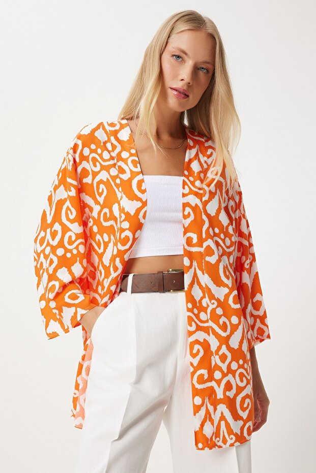 Women's Orange Ecru Patterned Viscose Kimono EN00615