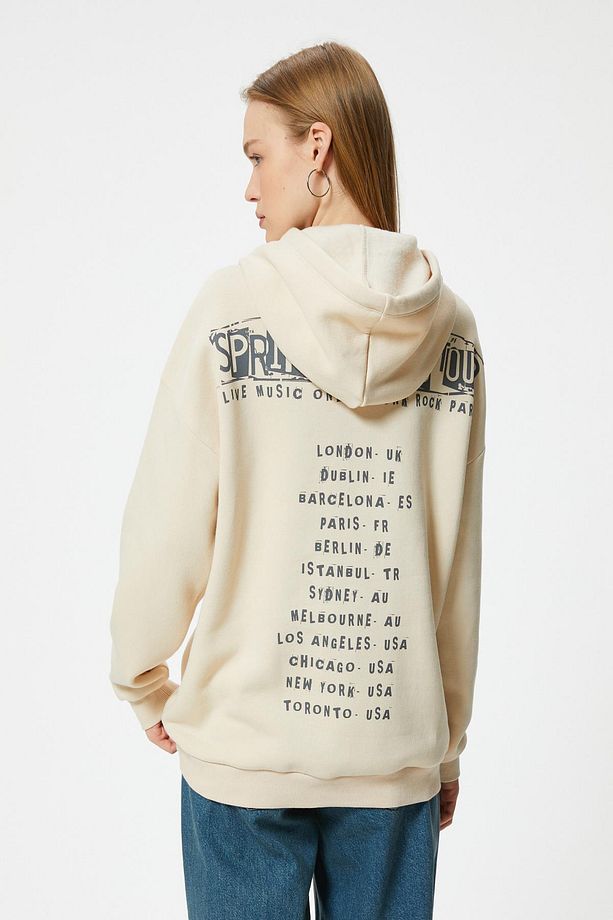Oversize Kapüşonlu Sweatshirt Slogan Baskılı Uzun Kollu - 4