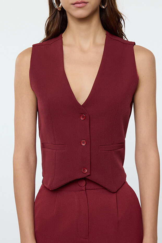 Bordo Düğmeli Crop Dokuma Yelek TWOSS22YE0053 - 4