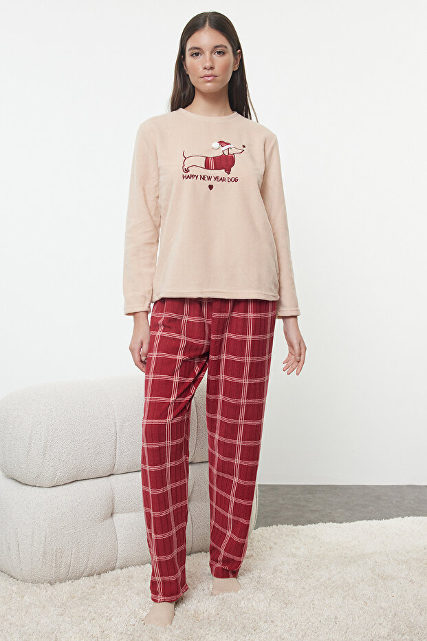 Somon Ekoseli Yılbaşı Temalı Polar Kışlık Örme Pijama Takımı THMAW25PT00137 - 2