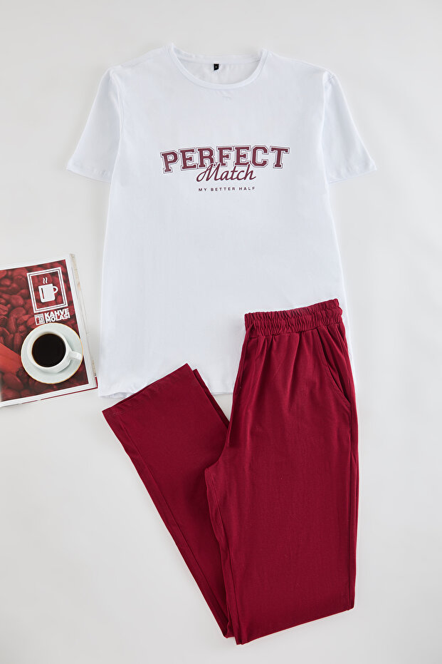 Ekru - Bordo Regular Fit Örme Couple/Çift %100 Pamuklu Pijama Takımı TMNAW25PT00047 - 7
