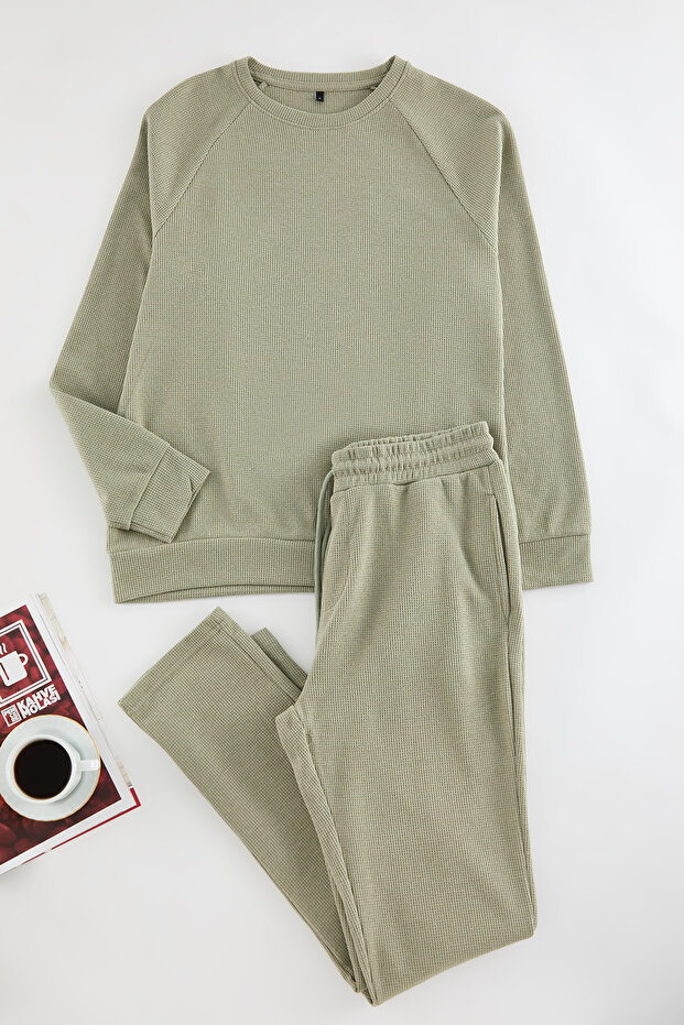 Açık Haki Erkek Waffle Reglan Kol Regular Fit Örme Erkek Pijama Takımı TMNAW23PT00015 - 3