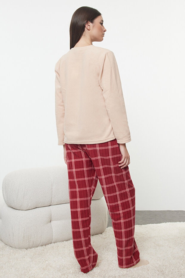 Somon Ekoseli Yılbaşı Temalı Polar Kışlık Örme Pijama Takımı THMAW25PT00137 - 5