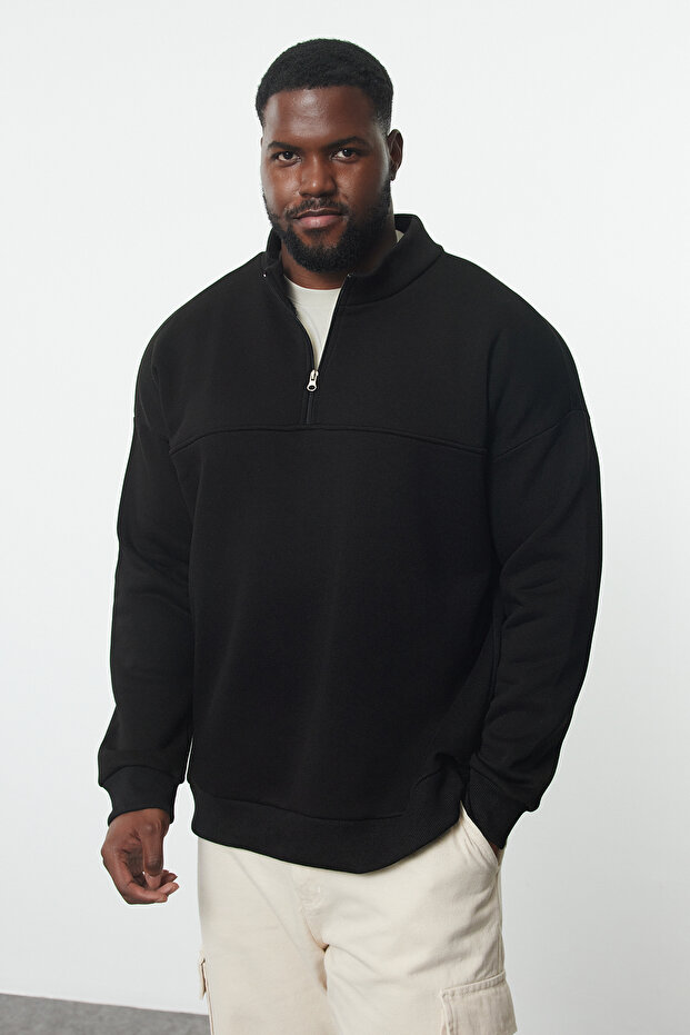 Büyük Beden Siyah Oversize/Geniş Kesim Fermuarlı Sweatshirt TMNAW25AO00028 - 1