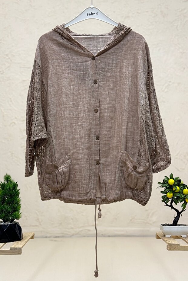 Linen Hooded and Side Mesh Garnished Cardigan