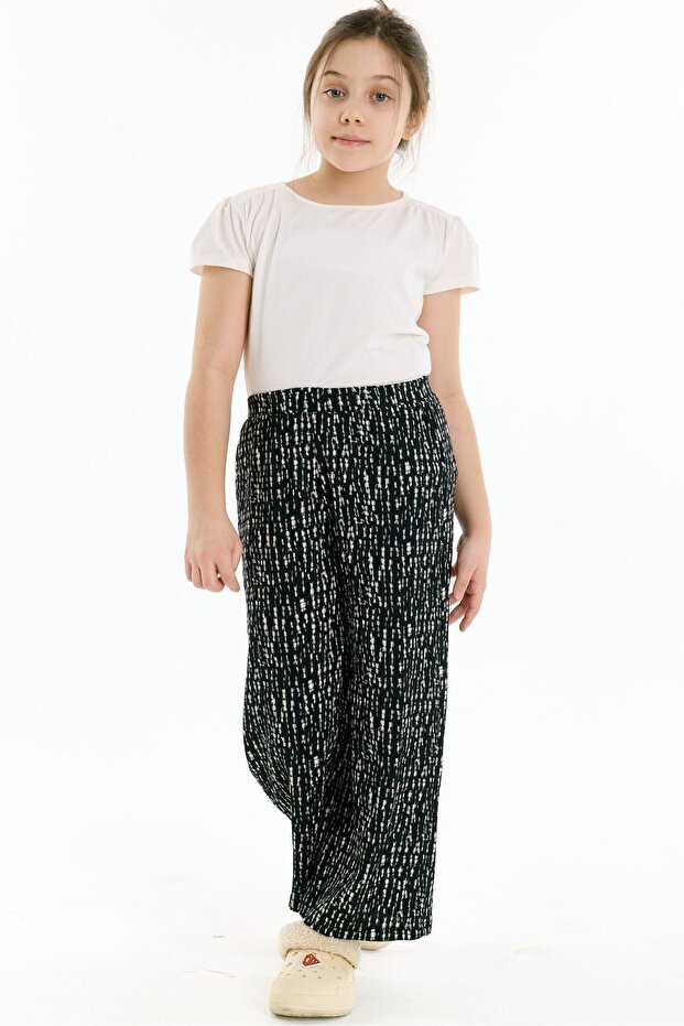 Elastic Waist Patterned Girls' Trousers - Black