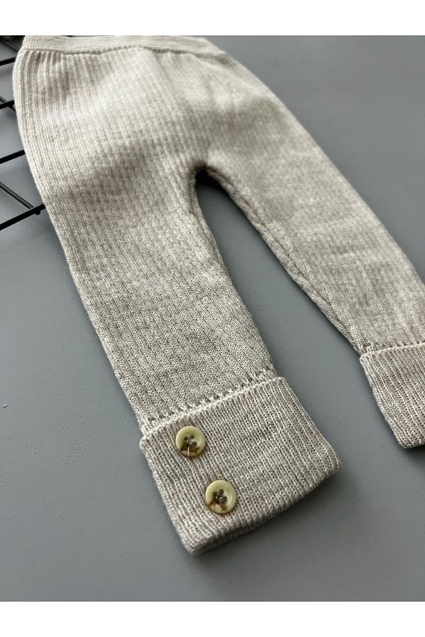 Taş Rengi Yüksek Bel Düğme Detaylı Unisex Triko Fitilli Esnek Tayt - 3 Ay Ile 6 Yaş Arası - 3