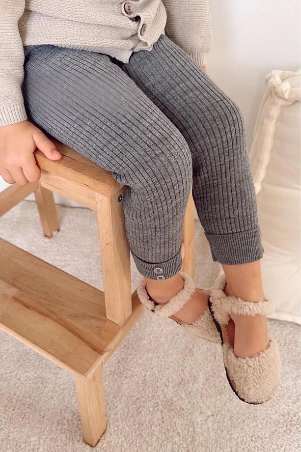 Füme Rengi Yüksek Bel Düğme Detaylı Unisex Triko Fitilli Esnek Tayt - 3 Ay Ile 6 Yaş Arası - 1