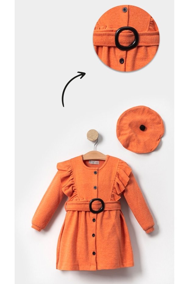 Girl's Orange Long Sleeve Cotton Dress - With Hat And Belt Detail, Trendy Comfortable Party Dress