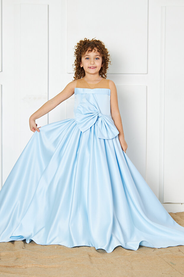 blue bow girl's satin evening dress