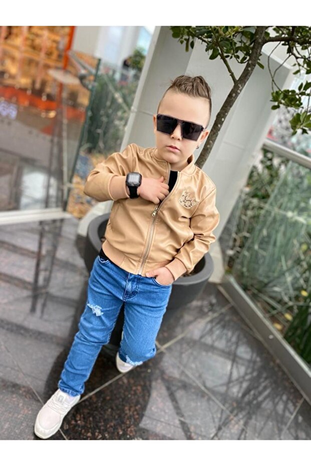 Boy's Embroidered Leather Jacket / Jeans / Printed T-Shirt 3-Piece Combination