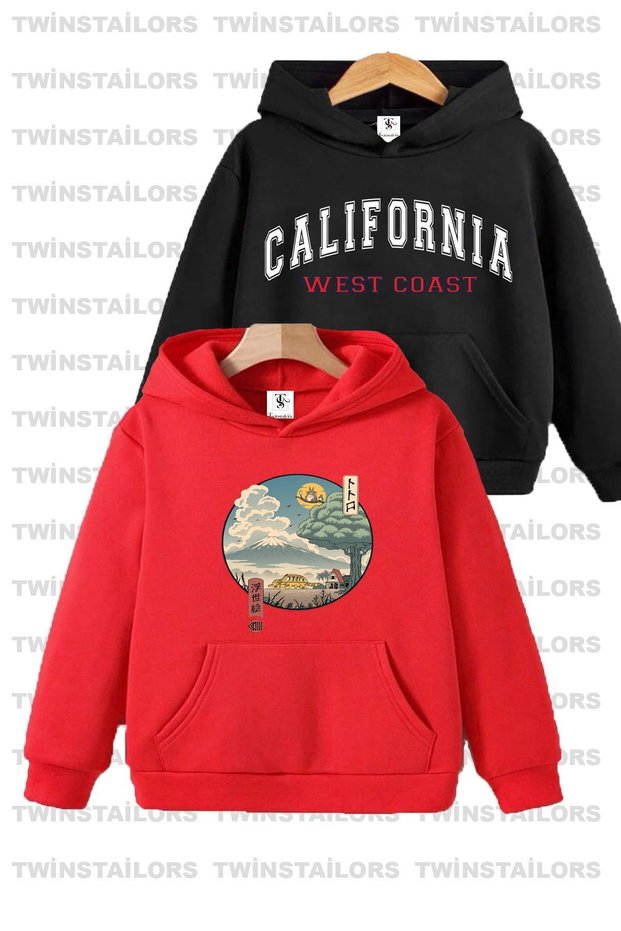 Totoro Anime Printed Unisex Double Pack Red-Black Hooded Children's Sweatshirt Hoodie