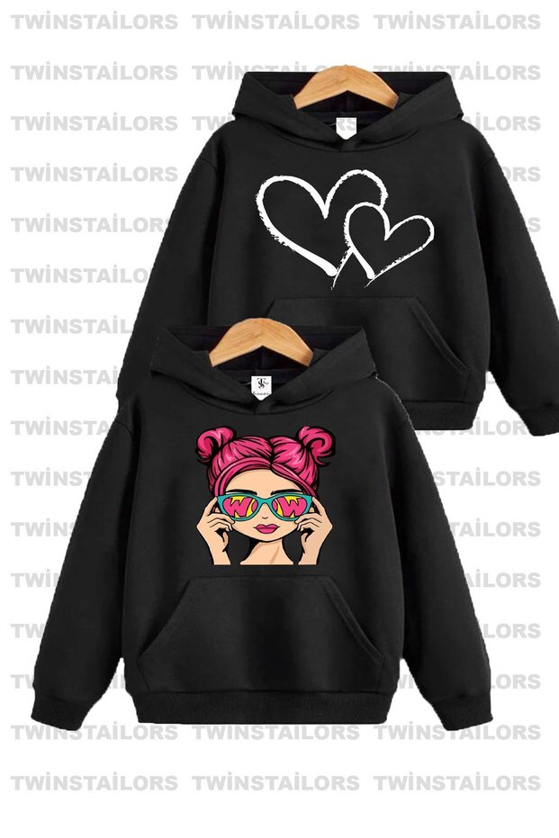 Heart Printed Girls' Double Black Hooded Kids Sweatshirt Hoodie