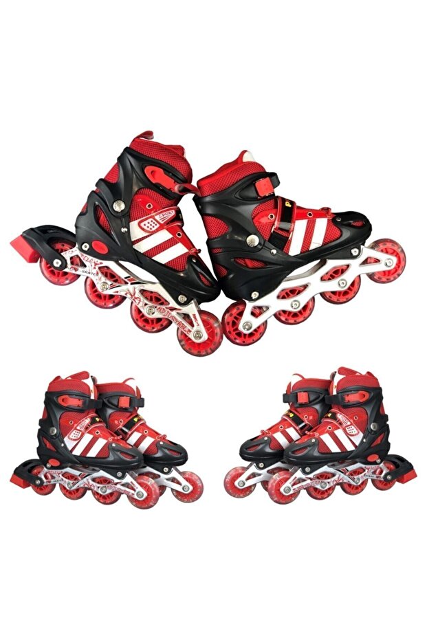 Lighted Double Row Adjustable 4 Wheel Practice Children's Skates - Red - 5