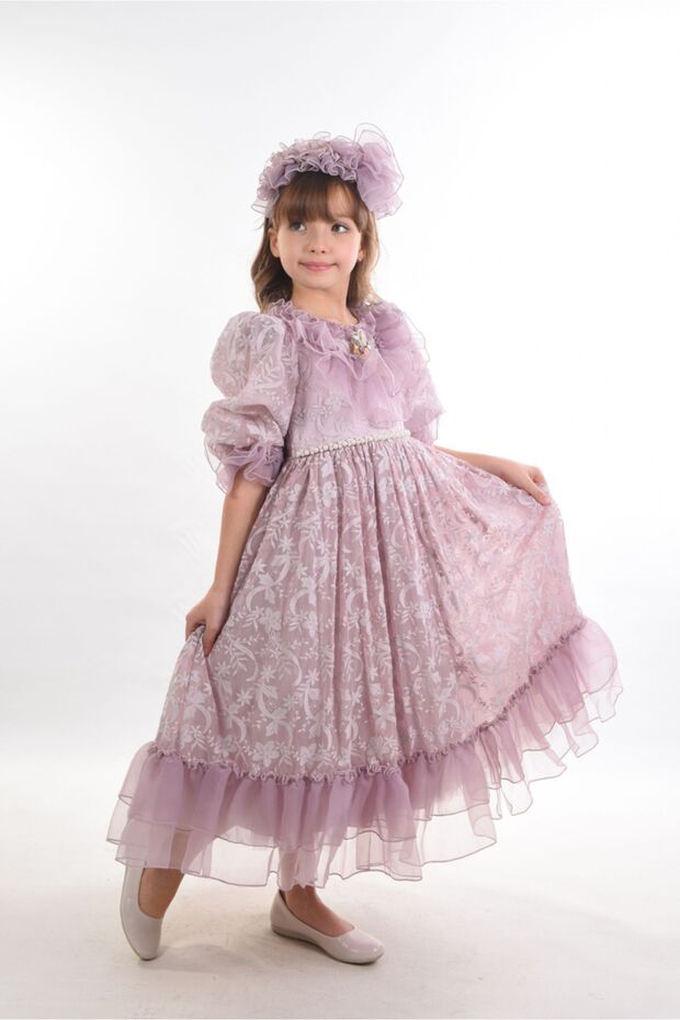 Special Design Girl's Evening Dress, Crown Accessory, Collar Detailed Long Girl's Dress