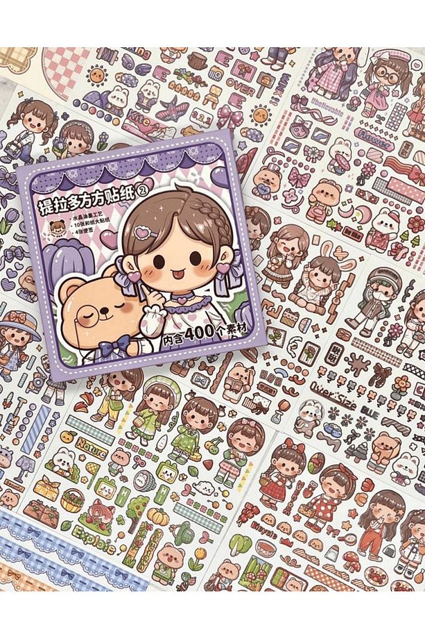 Sevimli Kız Ve Ayı Mor Kutu 12 Yaprak Sticker 4 Yaprak Desenli Kağıt / Çıkartma / Bullet Journal - 2