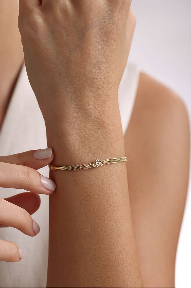 14 Ayar Altın Taşlı Lotus Çiçeği Viyana Örme Bileklik GF - 1