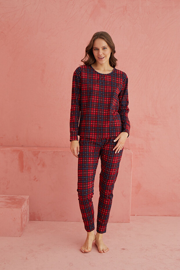 Kırmızı Ekose Desenli Uzun Kollu Örme Pijama Takım - 2