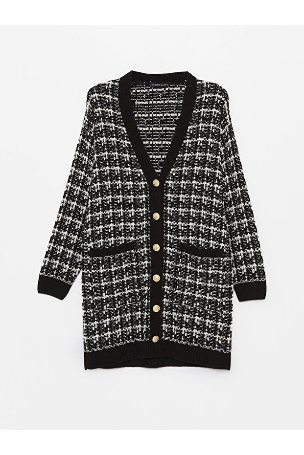 LCWAIKIKI Basic  V Yaka Ekose Uzun Kollu Kadın Triko Hırka - 6