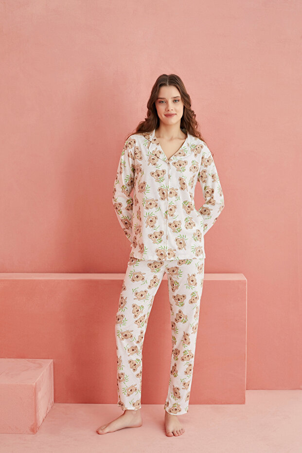 Ekru Koala Desenli Uzun Kollu Örme Önden Düğmeli Pijama Takım - 2
