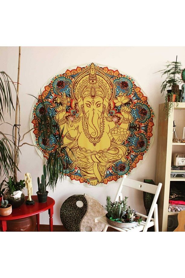 Yellow Ganesha Yuvarlak Duvar Örtüsü Tapestry 75x75 Cm - 1