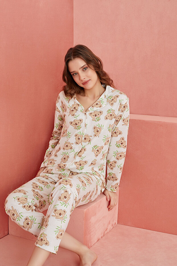Ekru Koala Desenli Uzun Kollu Örme Önden Düğmeli Pijama Takım - 1
