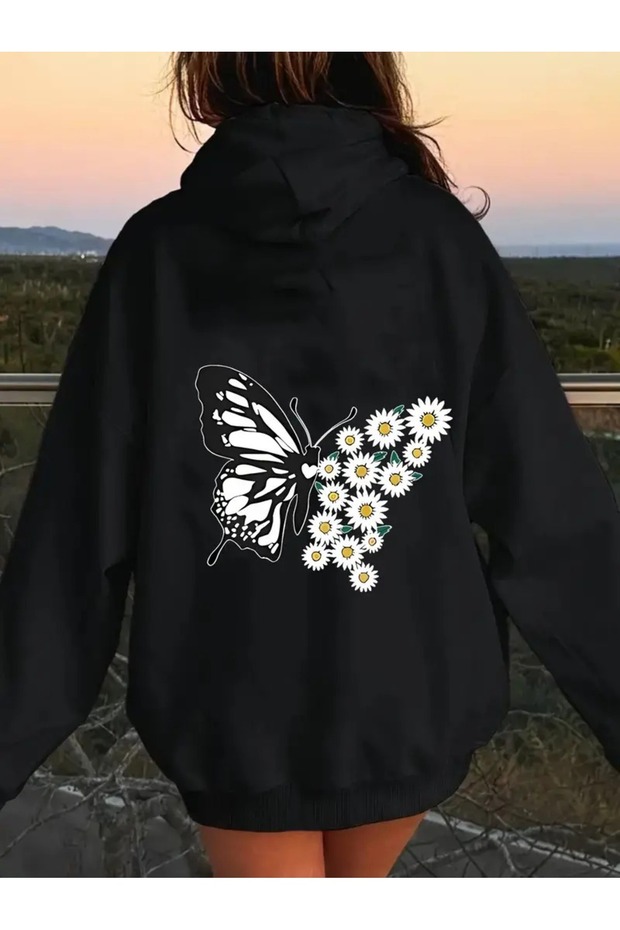 Women's Black Butterfly Daisy Printed 3 Thread Hooded Hoodie Sweatshirt