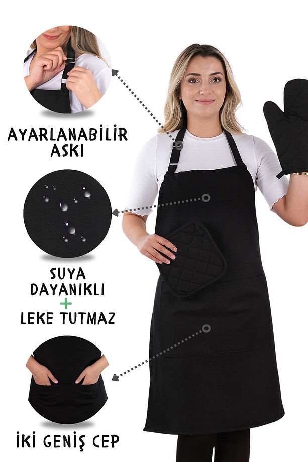Simple 3'lü Set Ayar Askılı Mutfak Önlüğü Seti (ELDİVEN, TUTACAK) - 1