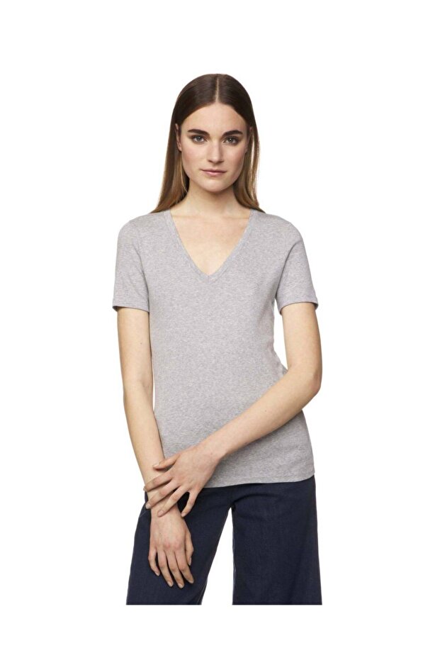 Women's Gray Melange 100% Cotton V-Neck Basic T-Shirt