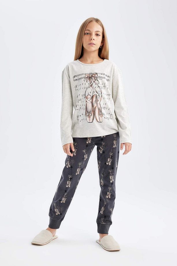 Kız Çocuk Pijama Takım Baskılı Uzun Kollu Üst Beli Lastikli Uzun Alt D6053a824au - 1