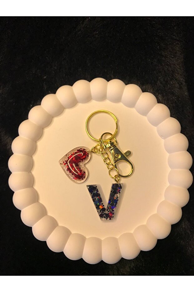 V letter heart epoxy keychain / bag accessory