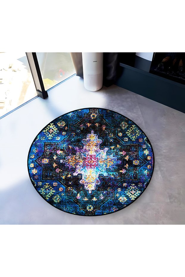 Navy Blue Tones Traditional Motif Patterned Round Woven Base Vintage Decorative Carpet 6201