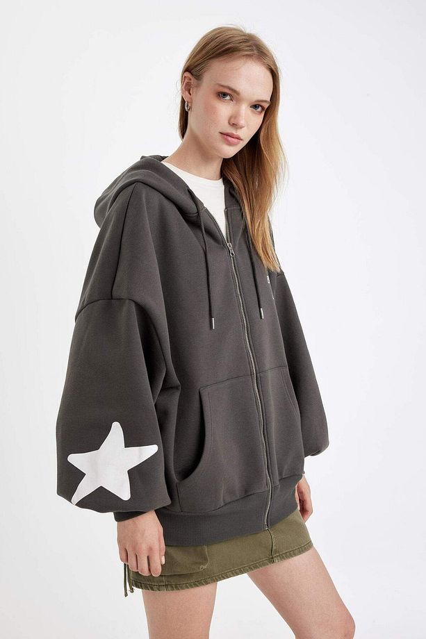 DFC - Oversize Fit Kapüşonlu Baskılı Kalın Kumaş Hırka - 5